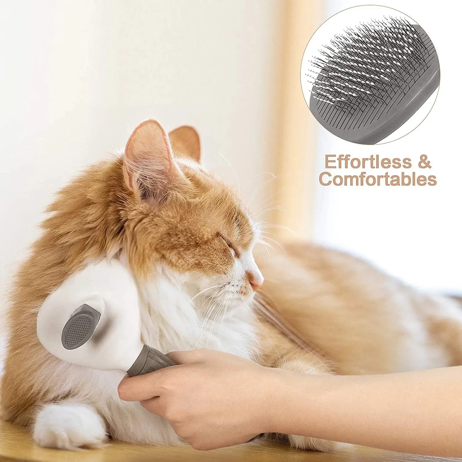 MiooBark Self-Cleaning Slicker Brush – Cat Grooming Demonstration Cat being gently groomed with the MiooBark self-cleaning slicker brush for effortless coat care