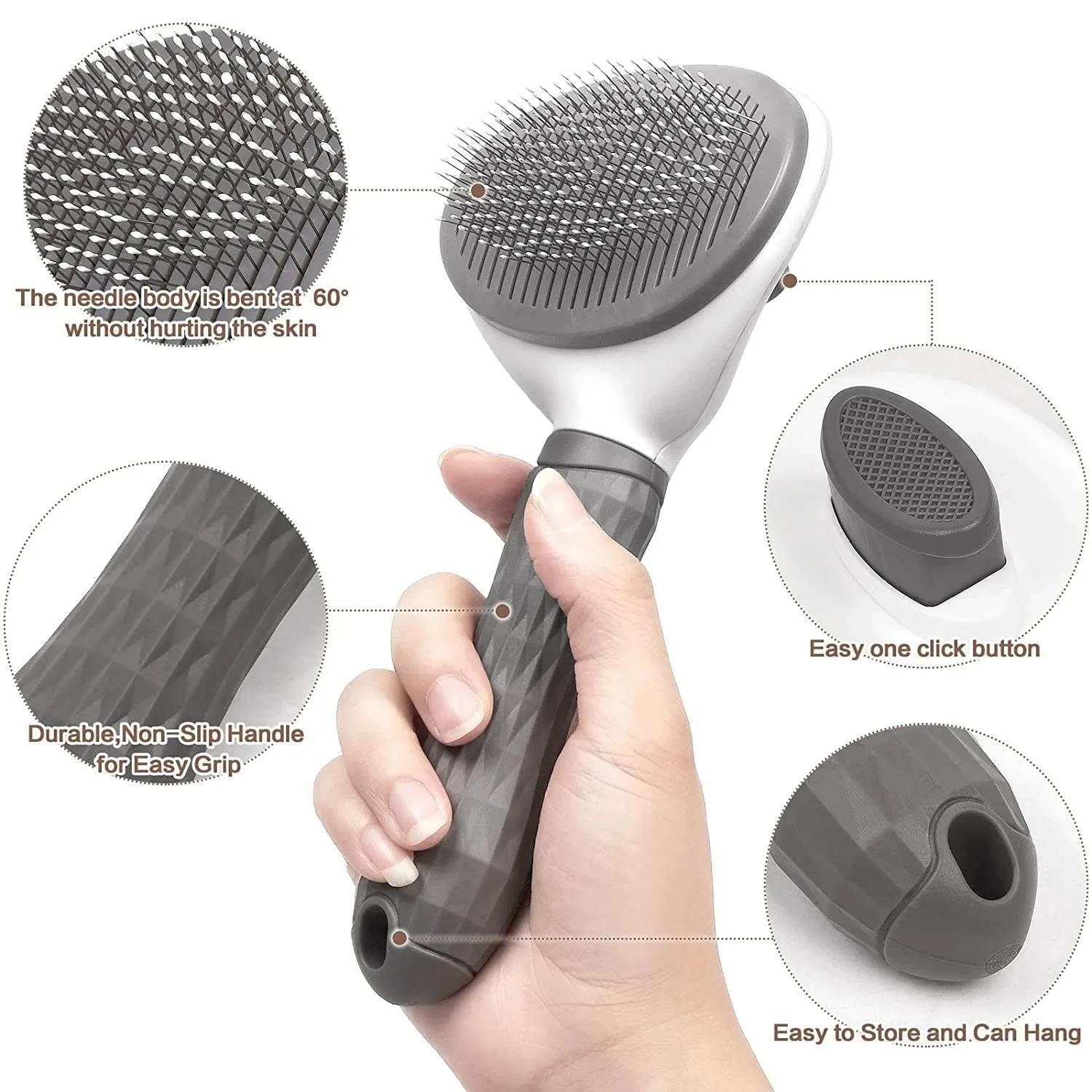 MiooBark Self-Cleaning Slicker Brush – Ergonomic 60° Bent Needle Design Close-up of the MiooBark self-cleaning slicker brush showing 60-degree bent needles and ergonomic non-slip handle