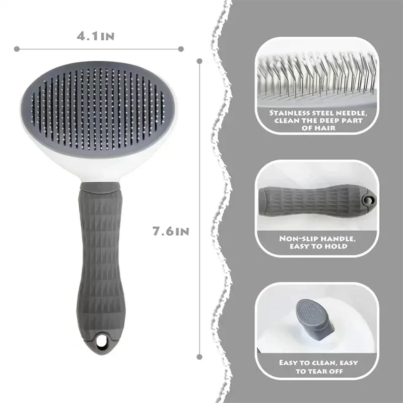 MiooBark Self-Cleaning Slicker Brush – Size and Feature Details Detailed size and feature view of the MiooBark self-cleaning slicker brush with stainless steel needles and non-slip handle