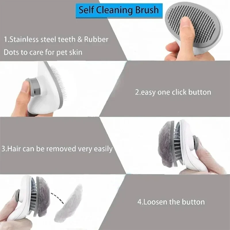 MiooBark Self-Cleaning Slicker Brush – Feature Overview Feature overview of the MiooBark self-cleaning slicker brush showing stainless steel teeth and one-click hair removal