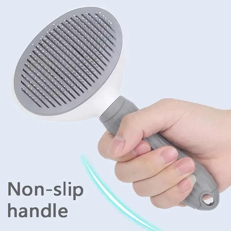 MiooBark Self-Cleaning Slicker Brush – Non-Slip Handle Close-Up Close-up of the MiooBark self-cleaning slicker brush showing its ergonomic non-slip handle
