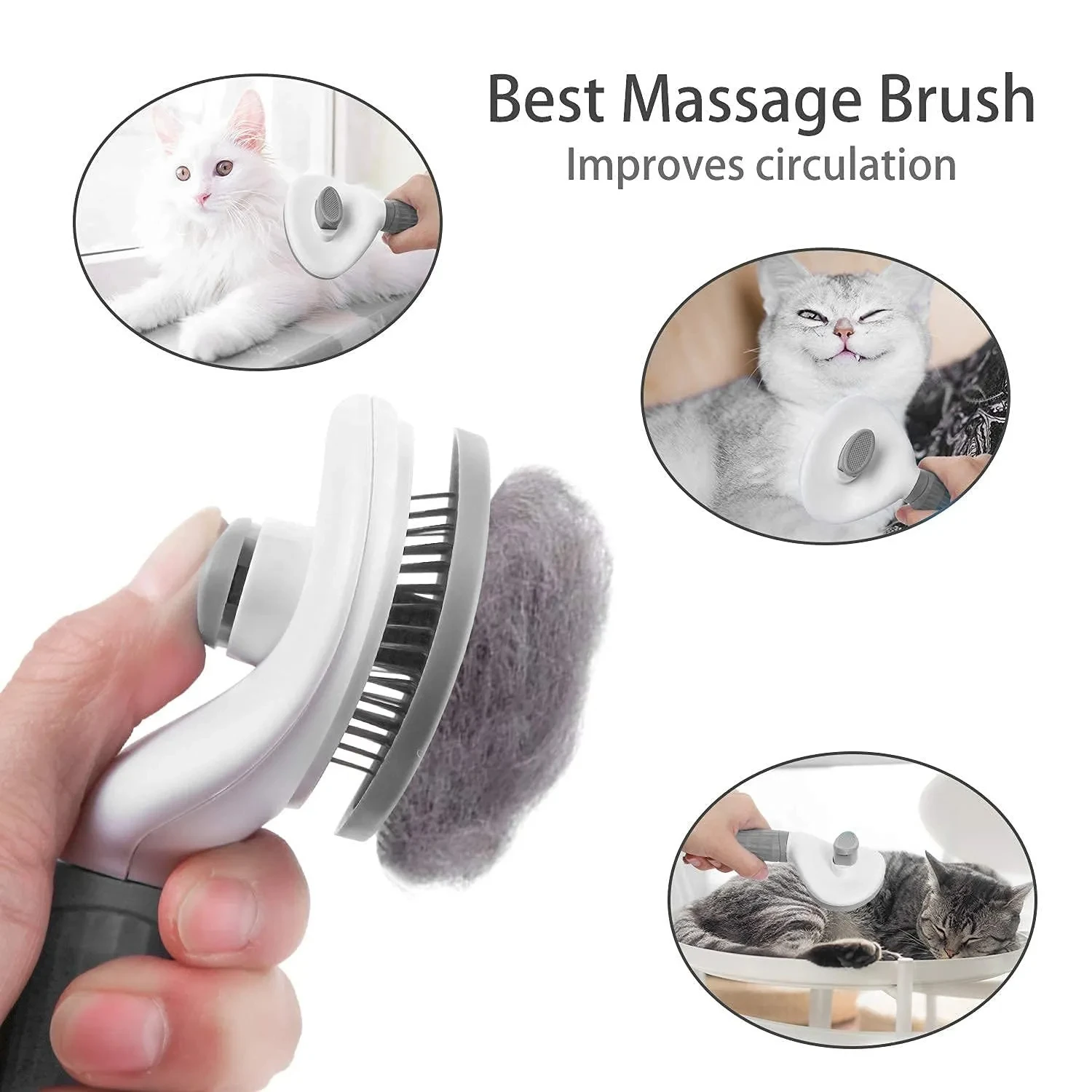 MiooBark Self-Cleaning Slicker Brush – Cat Grooming Close-Up Close-up of the MiooBark self-cleaning slicker brush removing loose fur from cats
